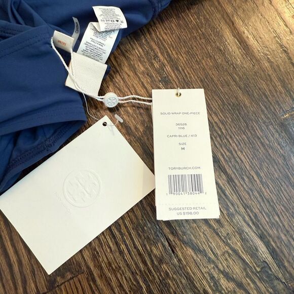 NWT Tory Burch Solid Wrap-front One-piece Swimsuit In Capri Blue size Medium - Picture 5 of 7